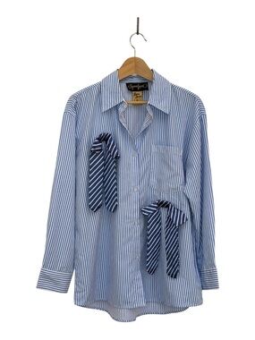 Vintage Spoon Jeans Striped Bow Detail Button Down Shirt Size Large Blue White